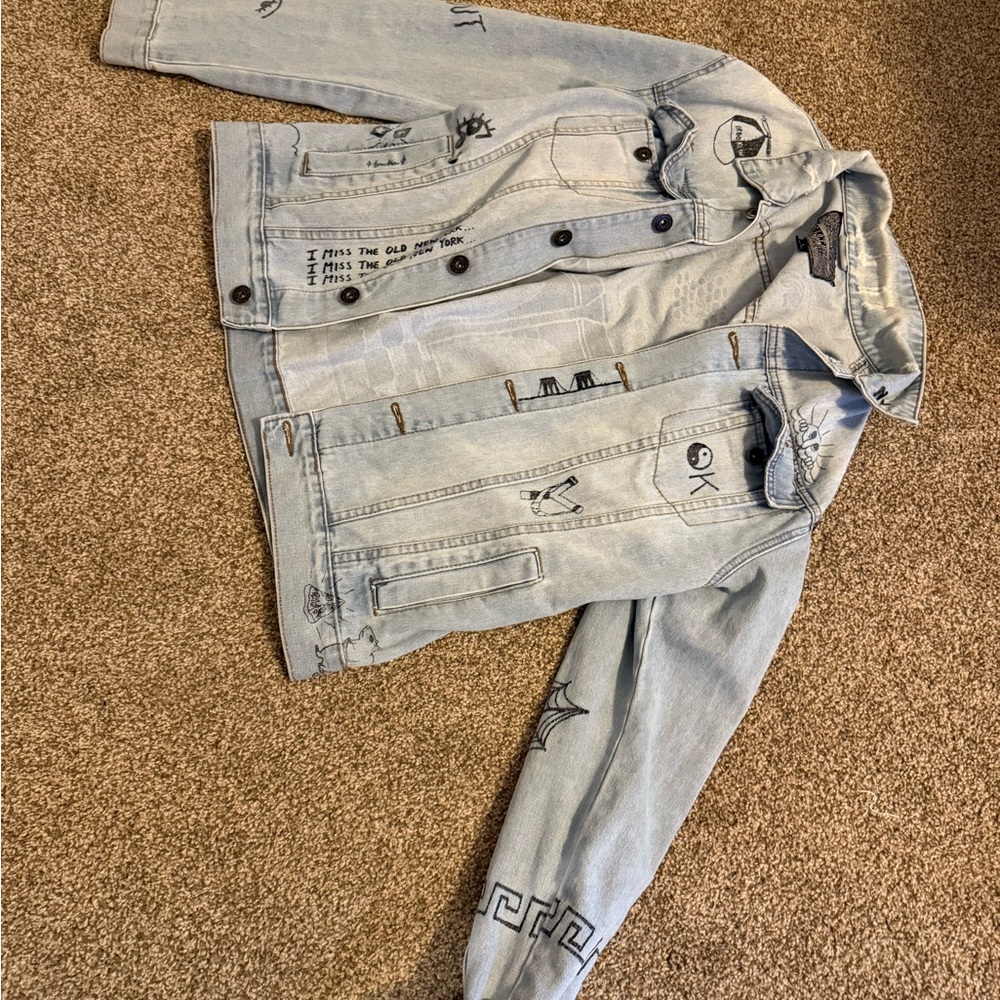 Light Blue Denim Jacket with Graphic Designs